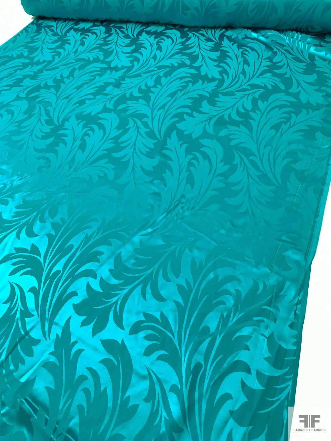 Leaf Jacquard Silk Charmeuse - Carribean Teal 3 Leaf Jacquard Silk Charmeuse - Carribean Teal