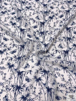 Butterflies And Stems Matte-Side Printed Silk Charmeuse - Navy Blue / Off-White