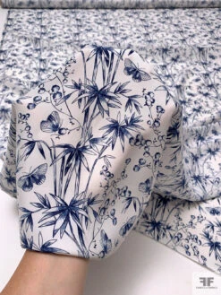 Butterflies And Stems Matte-Side Printed Silk Charmeuse - Navy Blue / Off-White -Fabrics And Fabrics Store 20517 9