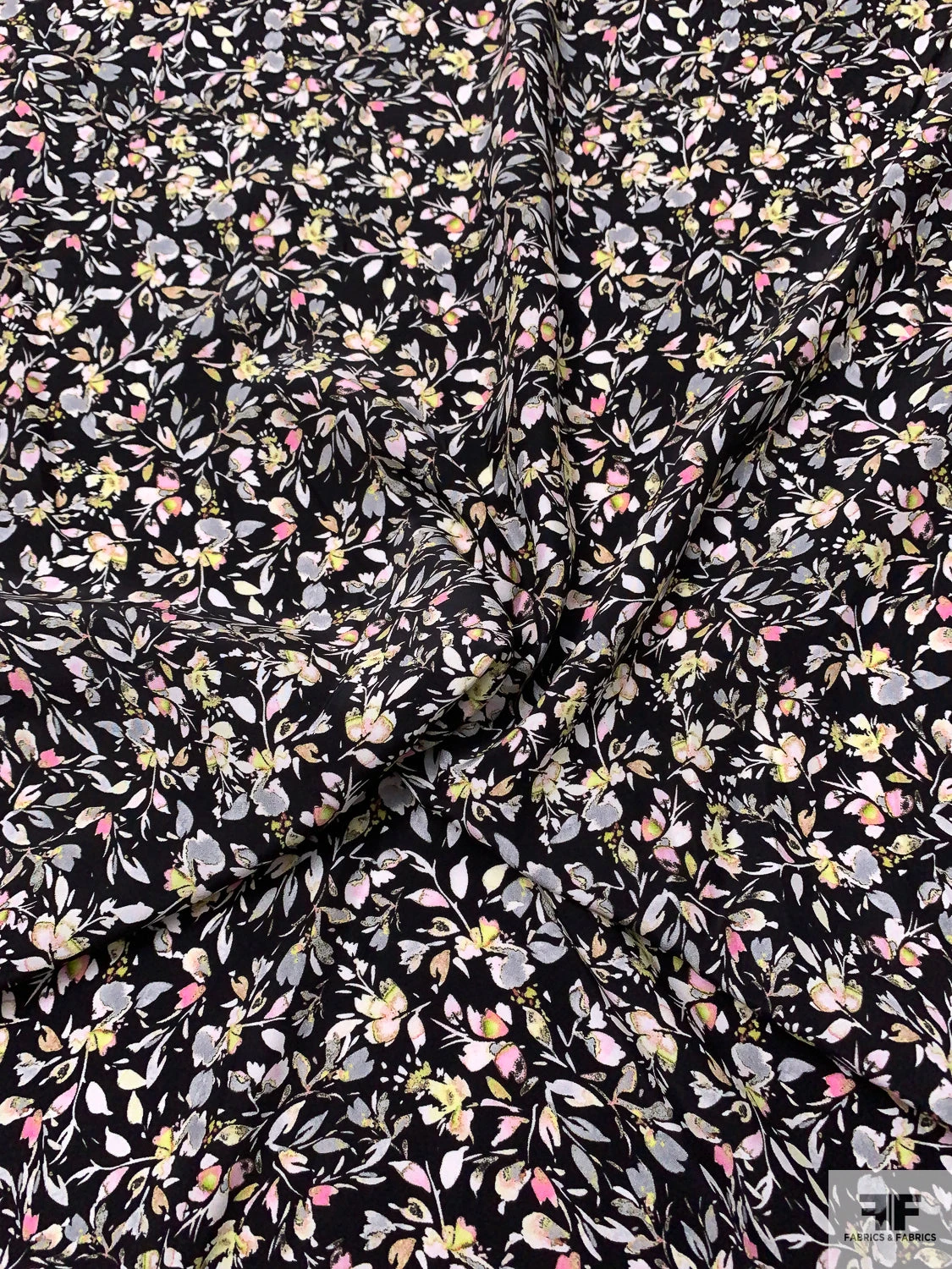 Dainty Leaf And Floral Matte-Side Printed Silk Charmeuse - Black / Pink / Grey / Pale Lime 5 Dainty Leaf And Floral Matte-Side Printed Silk Charmeuse - Black / Pink / Grey / Pale Lime - Image 3