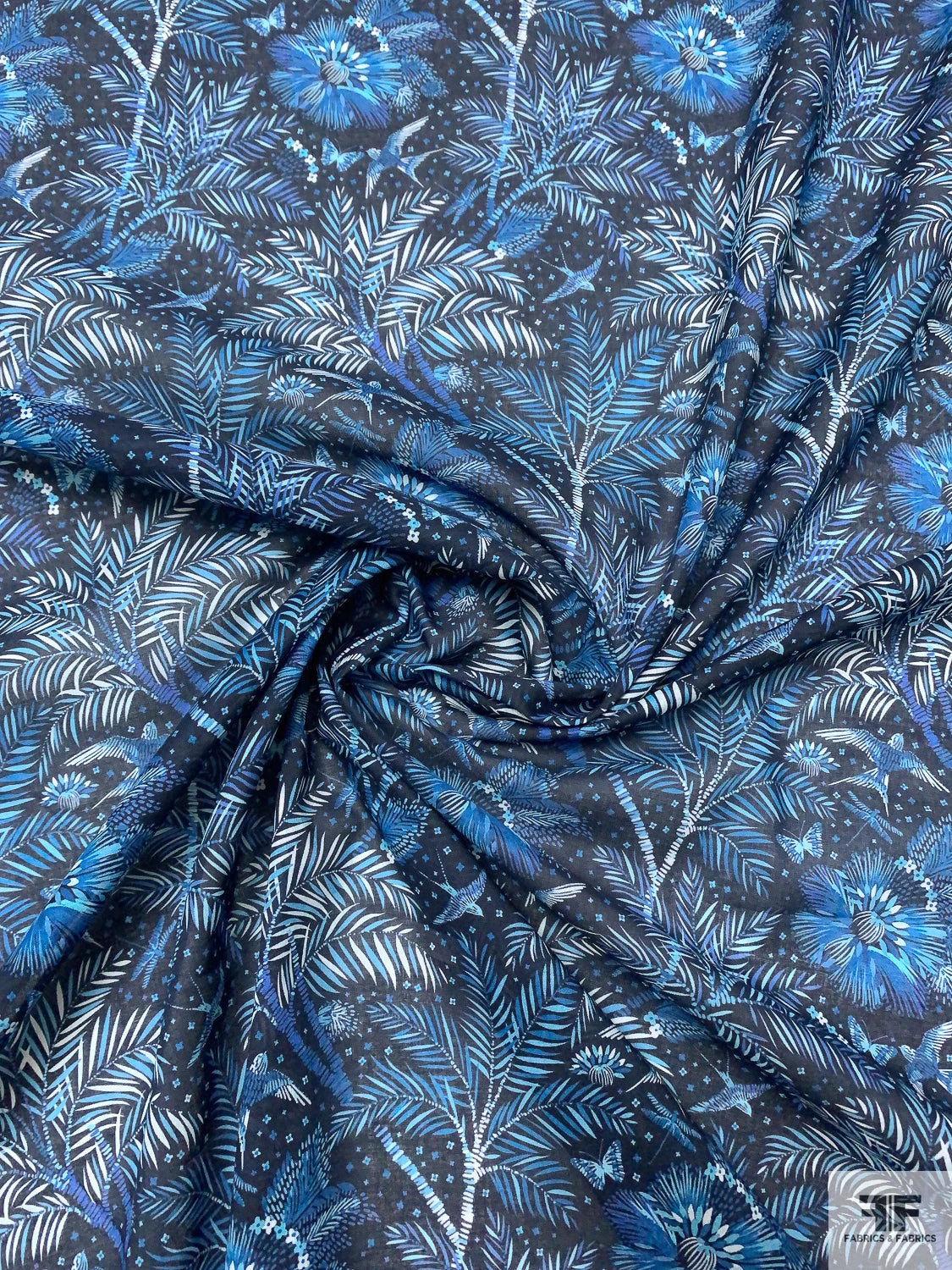 Tropical Floral Birds And Butterflies Printed Cotton Voile - Navy / Teal Blue / White 4 Tropical Floral Birds And Butterflies Printed Cotton Voile - Navy / Teal Blue / White - Image 2