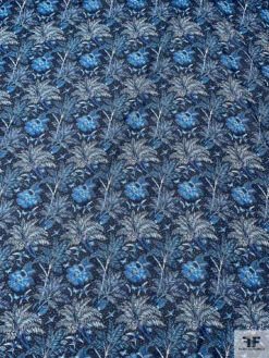 Tropical Floral Birds And Butterflies Printed Cotton Voile - Navy / Teal Blue / White