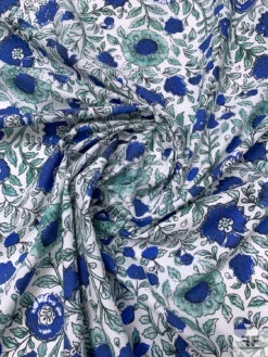 Floral Vines And Birds Printed Cotton Poplin - Blue / White / Seafoam