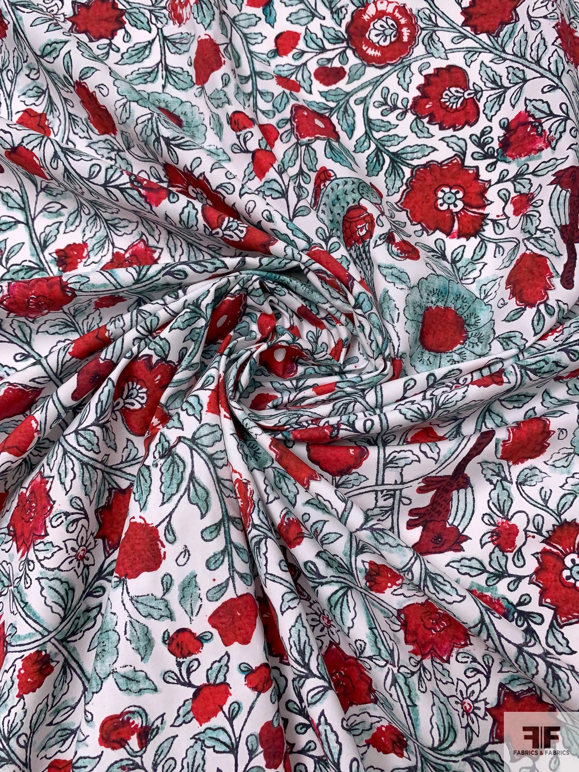 Floral Vines And Birds Printed Cotton Poplin - Red / Seafoam / White 3 Floral Vines And Birds Printed Cotton Poplin - Red / Seafoam / White
