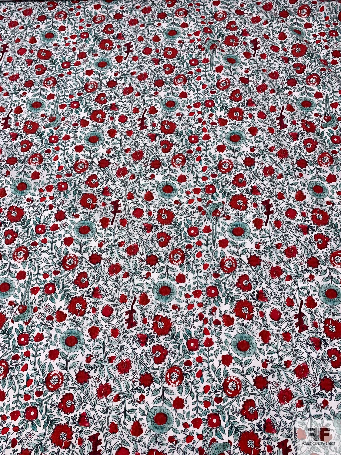 Floral Vines And Birds Printed Cotton Poplin - Red / Seafoam / White 4 Floral Vines And Birds Printed Cotton Poplin - Red / Seafoam / White - Image 2
