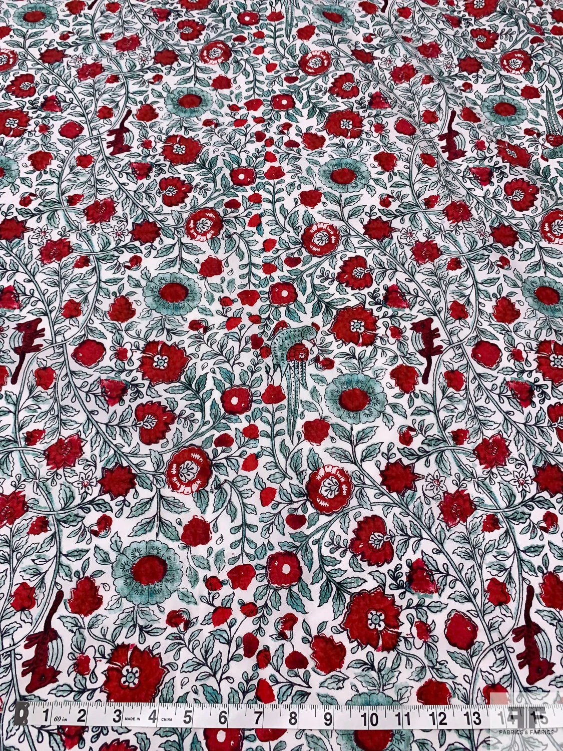 Floral Vines And Birds Printed Cotton Poplin - Red / Seafoam / White 6 Floral Vines And Birds Printed Cotton Poplin - Red / Seafoam / White - Image 4