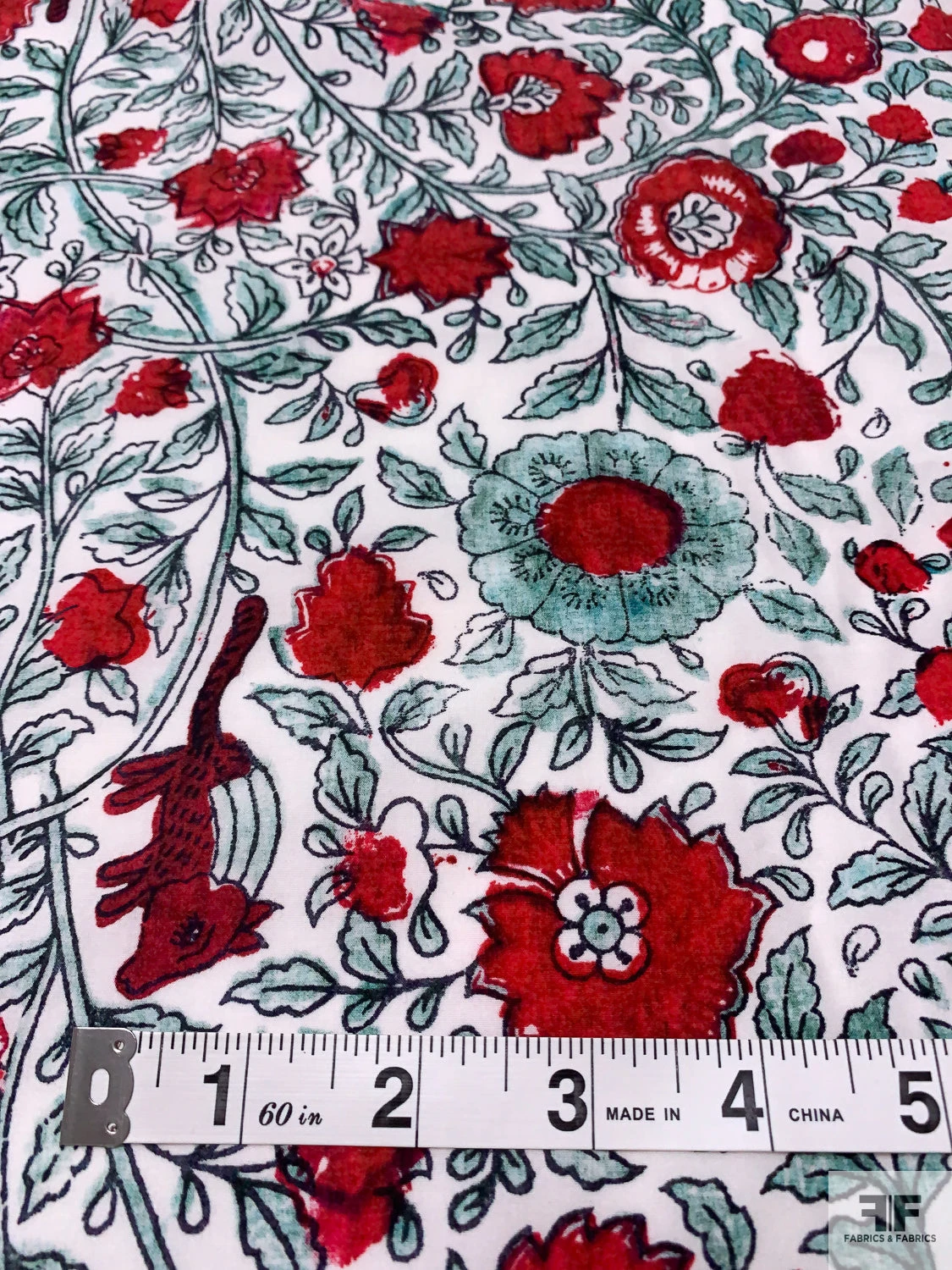 Floral Vines And Birds Printed Cotton Poplin - Red / Seafoam / White 7 Floral Vines And Birds Printed Cotton Poplin - Red / Seafoam / White - Image 5