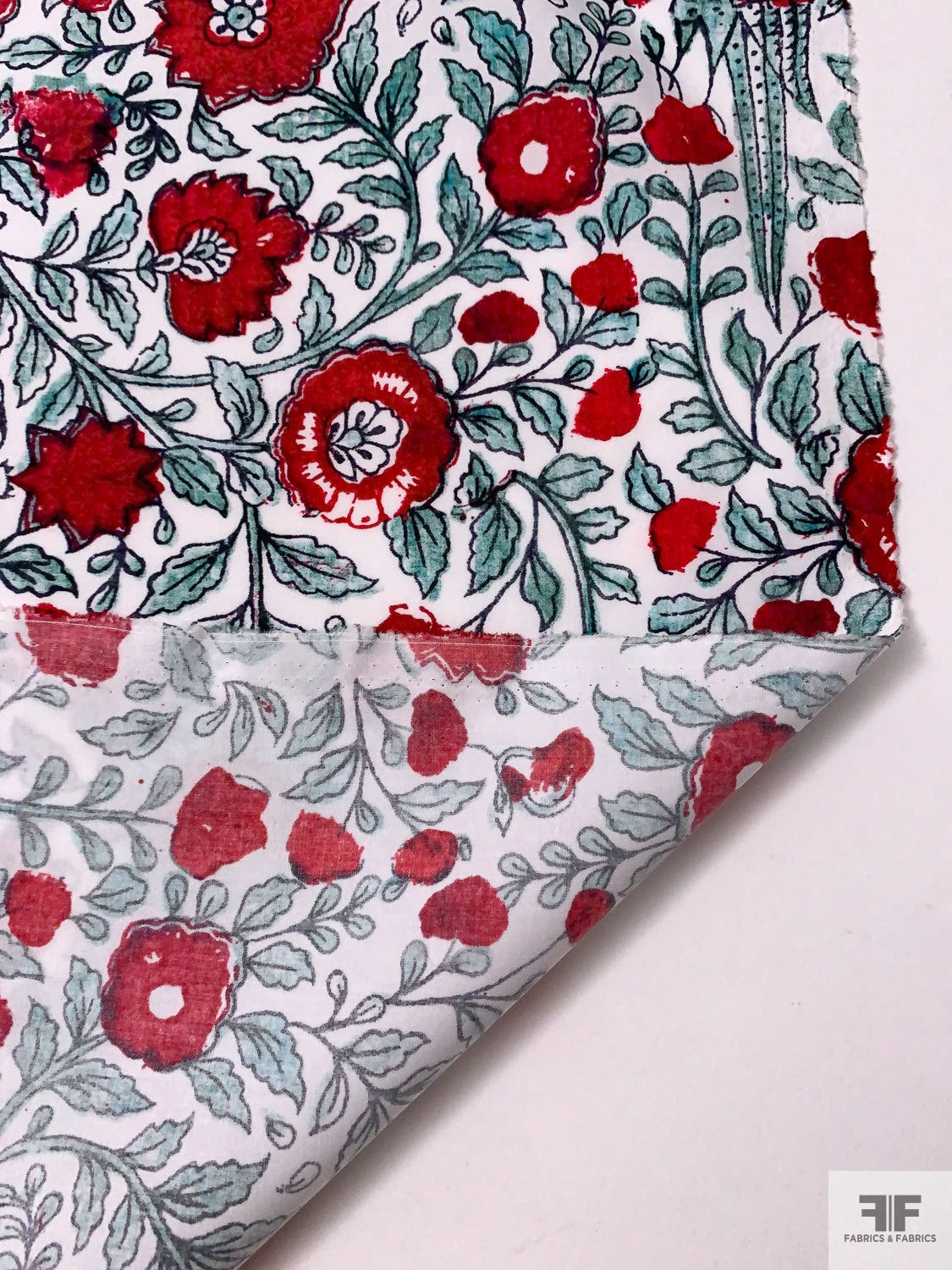 Floral Vines And Birds Printed Cotton Poplin - Red / Seafoam / White 8 Floral Vines And Birds Printed Cotton Poplin - Red / Seafoam / White - Image 6