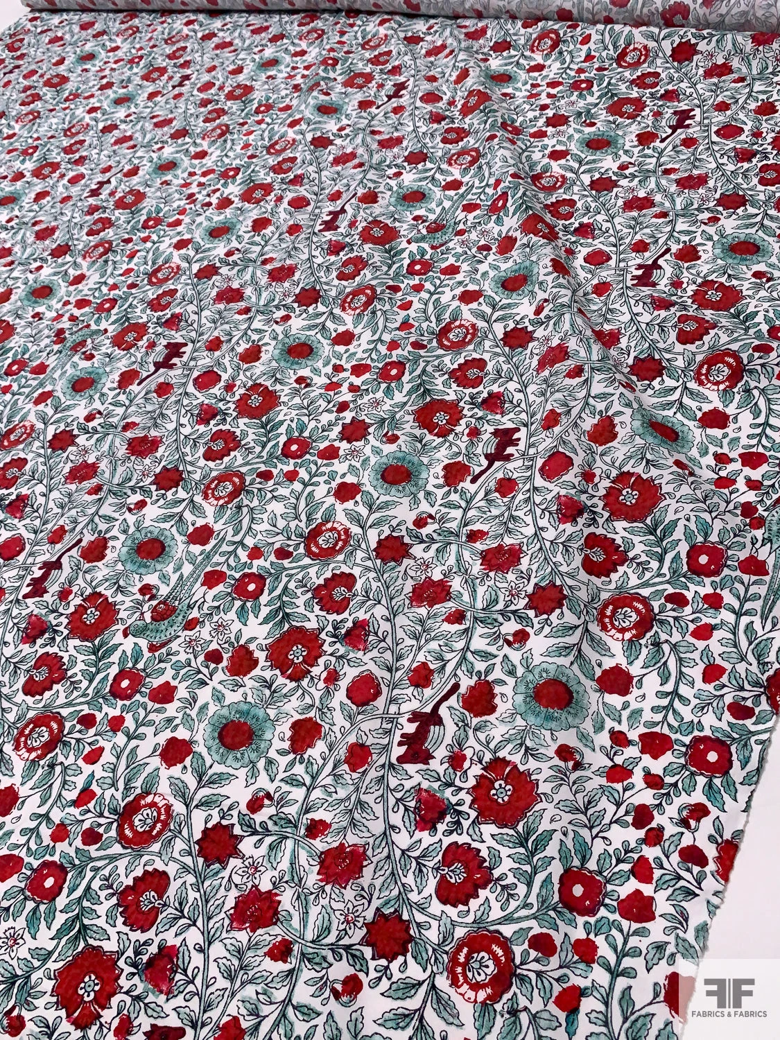 Floral Vines And Birds Printed Cotton Poplin - Red / Seafoam / White 9 Floral Vines And Birds Printed Cotton Poplin - Red / Seafoam / White - Image 7