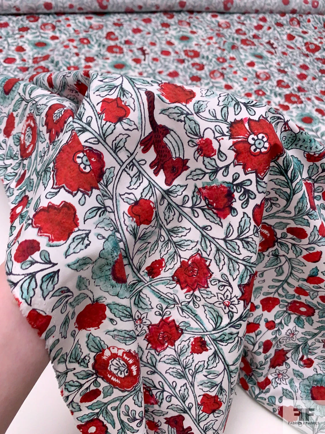 Floral Vines And Birds Printed Cotton Poplin - Red / Seafoam / White 10 Floral Vines And Birds Printed Cotton Poplin - Red / Seafoam / White - Image 8