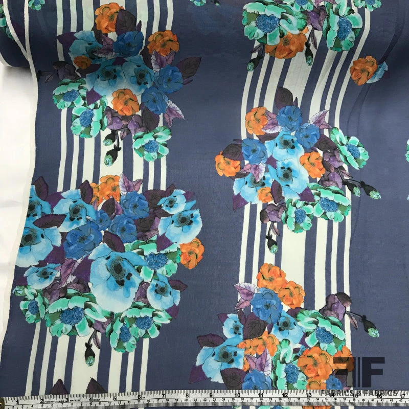 Floral & Stripe Silk Printed Chiffon - Blue 6 Floral & Stripe Silk Printed Chiffon - Blue - Image 4