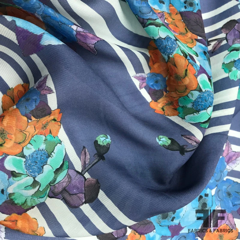 Floral & Stripe Silk Printed Chiffon - Blue 4 Floral & Stripe Silk Printed Chiffon - Blue - Image 2