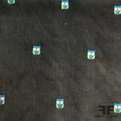 Owl Embroidered Cotton Corduroy - Slate Grey / Blue / White / Green / Orange