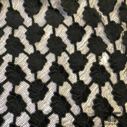Novelty Embroidered Velvet Roses On Netting - Black