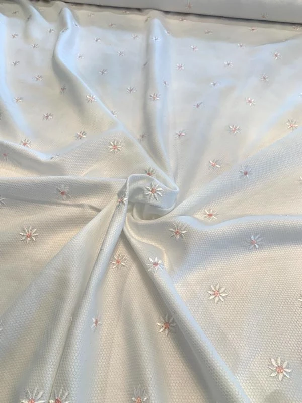 Floral Embroidered Cotton Pique - White/Pink 3 Floral Embroidered Cotton Pique - White/Pink