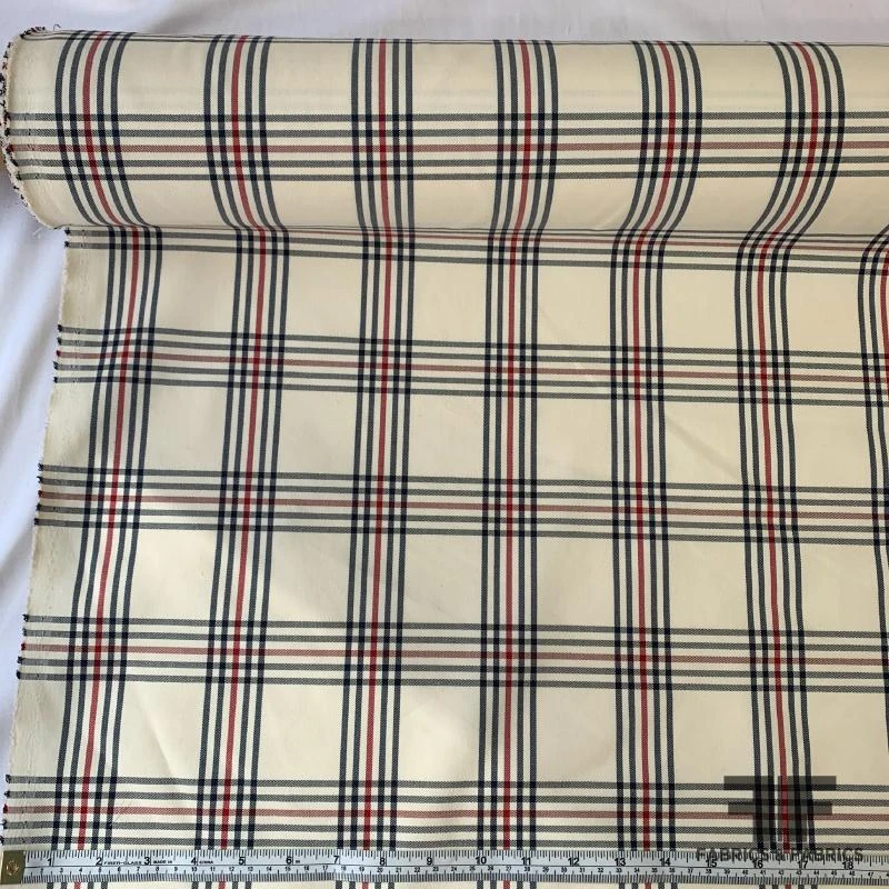 Plaid Stretch Cotton Twill - Cream / Navy / Red 5 Plaid Stretch Cotton Twill - Cream / Navy / Red - Image 3