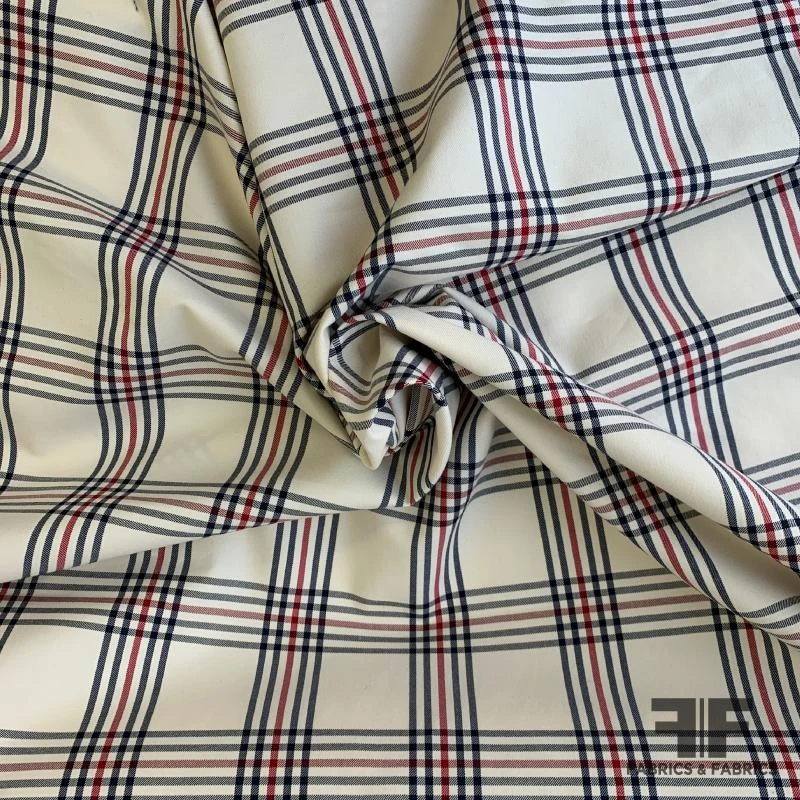 Plaid Stretch Cotton Twill - Cream / Navy / Red 3 Plaid Stretch Cotton Twill - Cream / Navy / Red