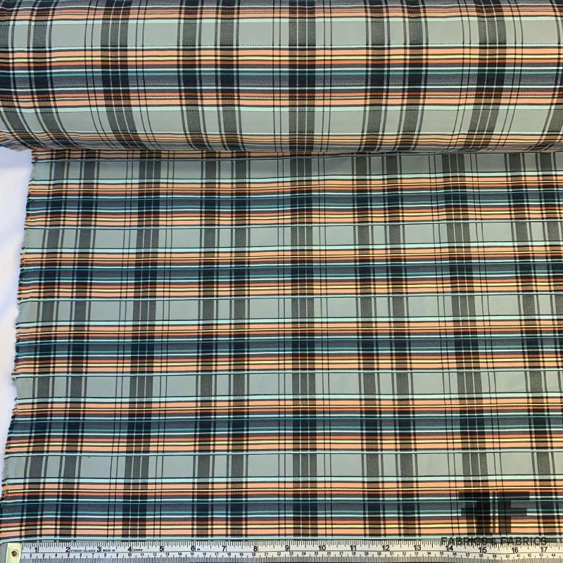 Plaid Stretch Yarn-Dyed Cotton With Textured Pinstripe - Blue / Teal / Orange 5 Plaid Stretch Yarn-Dyed Cotton With Textured Pinstripe - Blue / Teal / Orange - Image 3