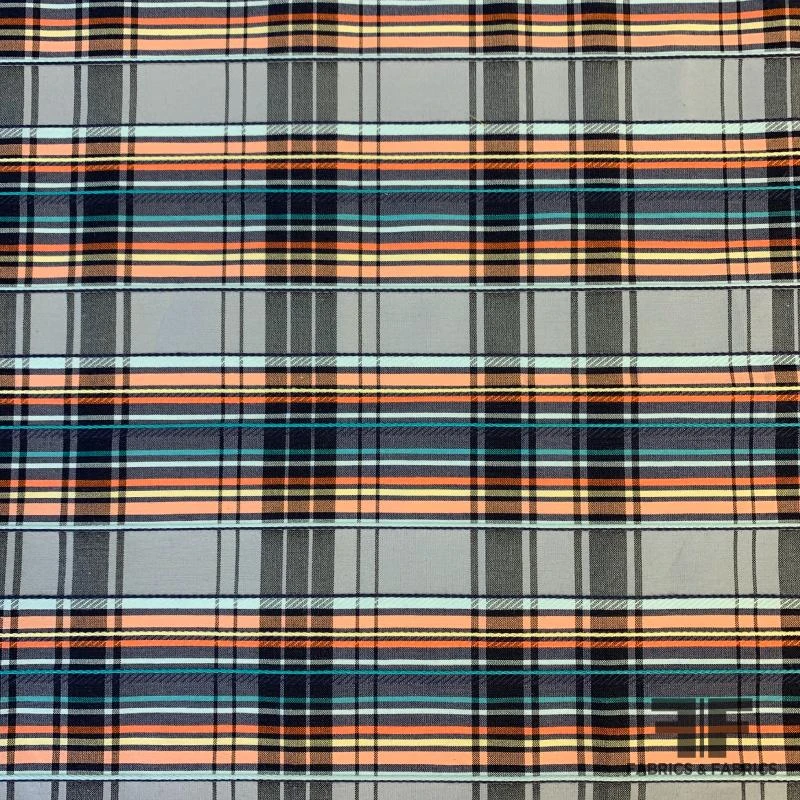 Plaid Stretch Yarn-Dyed Cotton With Textured Pinstripe - Blue / Teal / Orange 4 Plaid Stretch Yarn-Dyed Cotton With Textured Pinstripe - Blue / Teal / Orange - Image 2