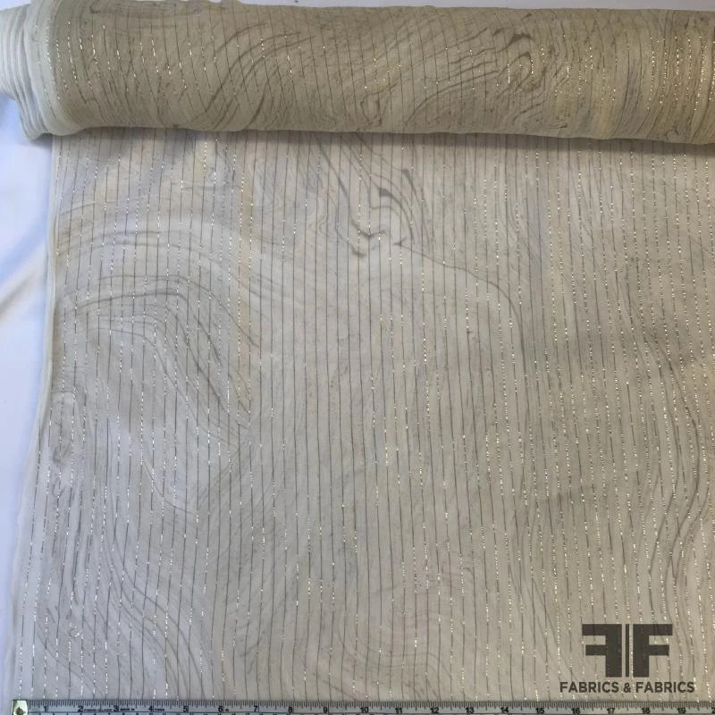 Metallic Abstract Marble Printed Silk Chiffon - Beige/Gold 4 Metallic Abstract Marble Printed Silk Chiffon - Beige/Gold - Image 2