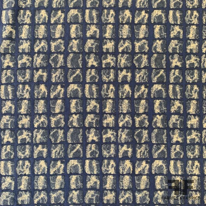 Geometric Stretch Silk Crepe De Chine - Navy/Taupe 3 Geometric Stretch Silk Crepe De Chine - Navy/Taupe