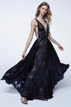 J Mendel Novelty Abstract Fil Coupé Metallic Chiffon - Black