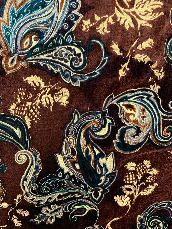 Victorian Paisley Printed Velvet - Brick Red / Teal / Butter Yellow 6 Victorian Paisley Printed Velvet - Brick Red / Teal / Butter Yellow - Image 4