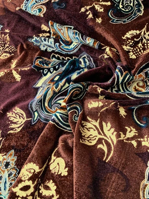Victorian Paisley Printed Velvet - Brick Red / Teal / Butter Yellow 10 Victorian Paisley Printed Velvet - Brick Red / Teal / Butter Yellow - Image 8