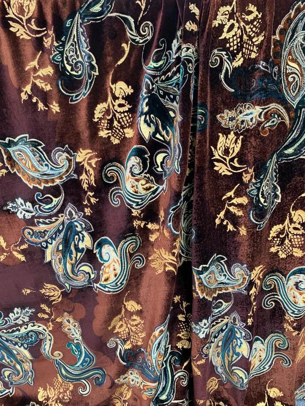 Victorian Paisley Printed Velvet - Brick Red / Teal / Butter Yellow 3 Victorian Paisley Printed Velvet - Brick Red / Teal / Butter Yellow