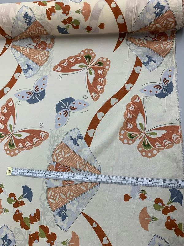 Butterfly & Fans Printed Stretch Silk Georgette - Tan / Rust / Multicolor 4 Butterfly & Fans Printed Stretch Silk Georgette - Tan / Rust / Multicolor - Image 2
