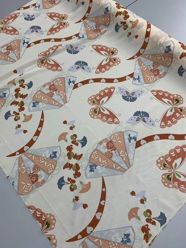 Butterfly & Fans Printed Stretch Silk Georgette - Tan / Rust / Multicolor 3 Butterfly & Fans Printed Stretch Silk Georgette - Tan / Rust / Multicolor