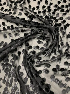 French Polka Dot Floral Metallic Burnout Velvet - Black
