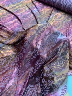 Tie-Dye Printed Damask Burnout Stretch Velvet - Plum / Purple / Orange -Fabrics And Fabrics Store 7629 6