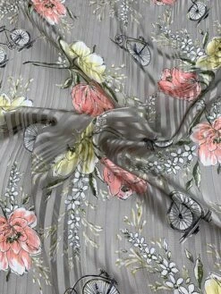 Bicycles And Flowers On Vertical Striped Burnout Silk - Taupe / Multicolor