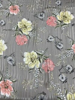 Bicycles And Flowers On Vertical Striped Burnout Silk - Taupe / Multicolor -Fabrics And Fabrics Store 8012 3
