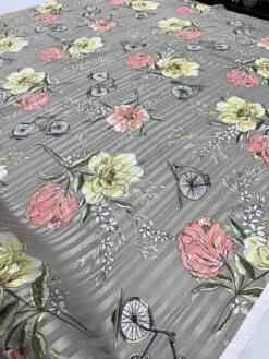 Bicycles And Flowers On Vertical Striped Burnout Silk - Taupe / Multicolor -Fabrics And Fabrics Store 8012 4