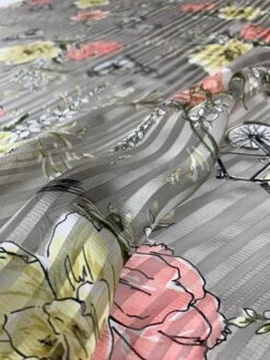 Bicycles And Flowers On Vertical Striped Burnout Silk - Taupe / Multicolor -Fabrics And Fabrics Store 8012 5