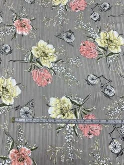 Bicycles And Flowers On Vertical Striped Burnout Silk - Taupe / Multicolor -Fabrics And Fabrics Store 8012 6