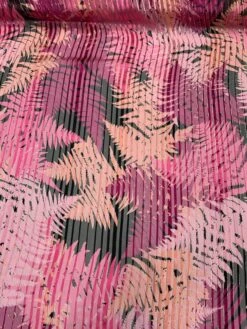 Tropical Leaf Printed Vertical Stripes With Lurex Pinstripes Burnout Silk - Magenta / Pink / Black / Gold