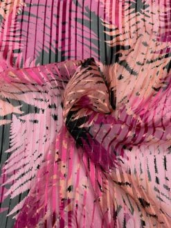 Tropical Leaf Printed Vertical Stripes With Lurex Pinstripes Burnout Silk - Magenta / Pink / Black / Gold -Fabrics And Fabrics Store 8013 5