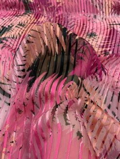 Tropical Leaf Printed Vertical Stripes With Lurex Pinstripes Burnout Silk - Magenta / Pink / Black / Gold -Fabrics And Fabrics Store 8013 7