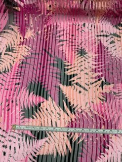 Tropical Leaf Printed Vertical Stripes With Lurex Pinstripes Burnout Silk - Magenta / Pink / Black / Gold -Fabrics And Fabrics Store 8013 8