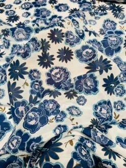 Whimsical Floral Printed Cotton Silk Voile - Blue / White / Olive Green -Fabrics And Fabrics Store 8024 6