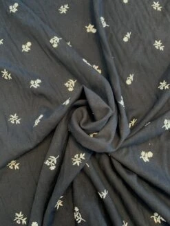 Delicate Floral Embroidered Linen-Like Cotton - Black / White