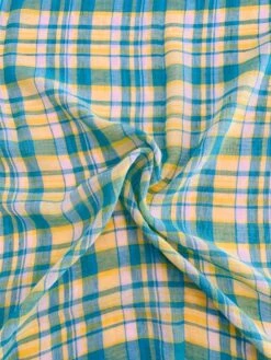 Plaid Yarn-Dyed Cotton Gauze - Turquoise / Yellow / White