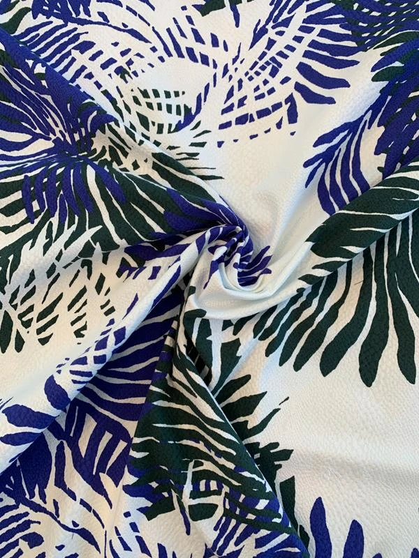 Large Tropical Leaf Printed Stretch Cotton Pique - Spruce Green / Royal Blue / White 5 Large Tropical Leaf Printed Stretch Cotton Pique - Spruce Green / Royal Blue / White - Image 3