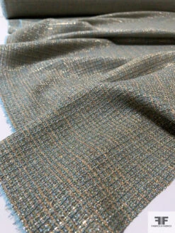 Italian Glam Lightweight Wool Blend Tweed With Lurex - Dusty Teal / Tan / Silver