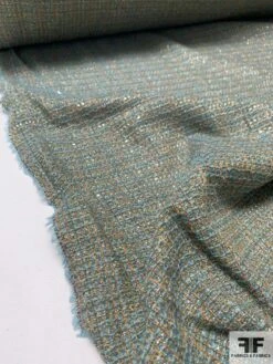 Italian Glam Lightweight Wool Blend Tweed With Lurex - Dusty Teal / Tan / Silver -Fabrics And Fabrics Store 9320 3