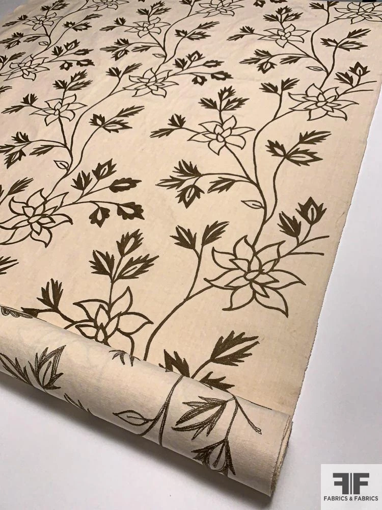 Floral Embroidered Cotton Canvas - Cream / Brown 3 Floral Embroidered Cotton Canvas - Cream / Brown