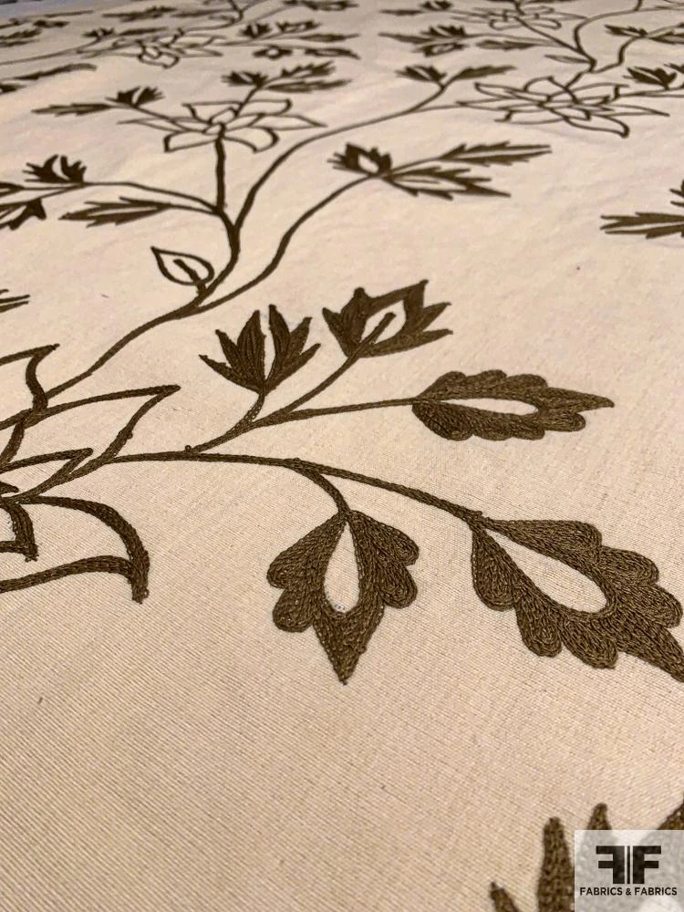 Floral Embroidered Cotton Canvas - Cream / Brown 6 Floral Embroidered Cotton Canvas - Cream / Brown - Image 4
